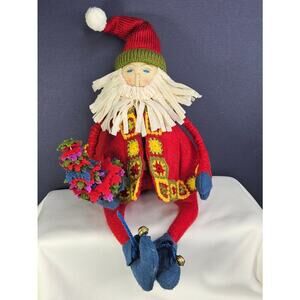 Santa Claus Figurine Felted Wool Christmas Decor Granny Square Coat Fabric Plush